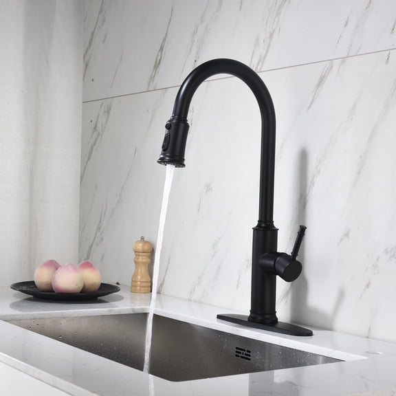 Single Handle Pull-Down Kitchen Faucet – 1.8 GPM Matte Black Stainless Steel with Dual Function Spray Head 360 ° Swivel Single Hole Installation