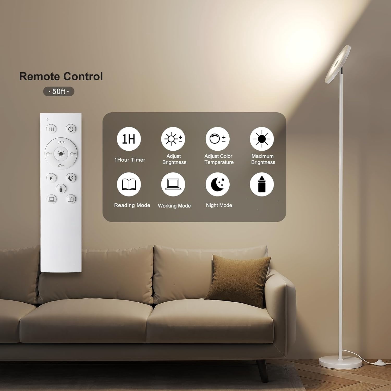 Floor Lamps for Living Room, 32W/3000LM Super Bright LED Floor Lamp with Remote Control, 69" Tall Standing Lamp with Stepless Dimmable, Modern Corner Lamp for Bedroom, Office White