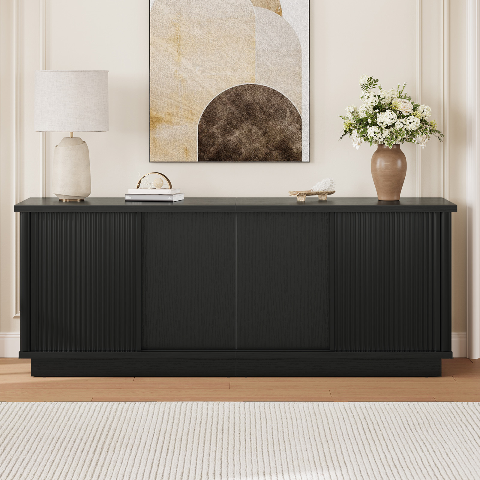 Bestier 70" TV Stand with Sliding Door, Black photo 8