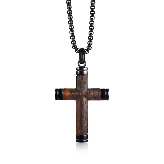 SUETOR Men’s Wooden Cross Necklace – Handmade Ebony Christian Cross Pendant with Stainless Steel Chain, 24” Brown Baptism Gift for Men