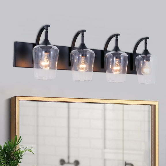 Matte Black Bathroom Vanity Light 4-Lights Industrial Black Vanity Lights Clear Glass Vintage Matte Black Wall Mount Light Fixtures for Bathroom