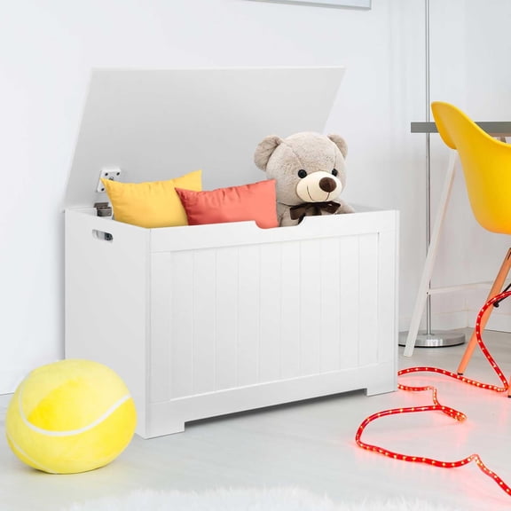 Toy Storage Box for, Wooden Bench Organizer with Safety Lid, 100L Capacity for Bedroom Playroom, White