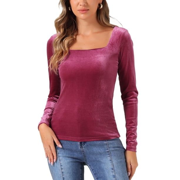 INSPIRAR CHIC Blusa de Terciopelo para Mujer de Cuello Cuadrado de Manga Larga Sólida XS Rosa Fucsia