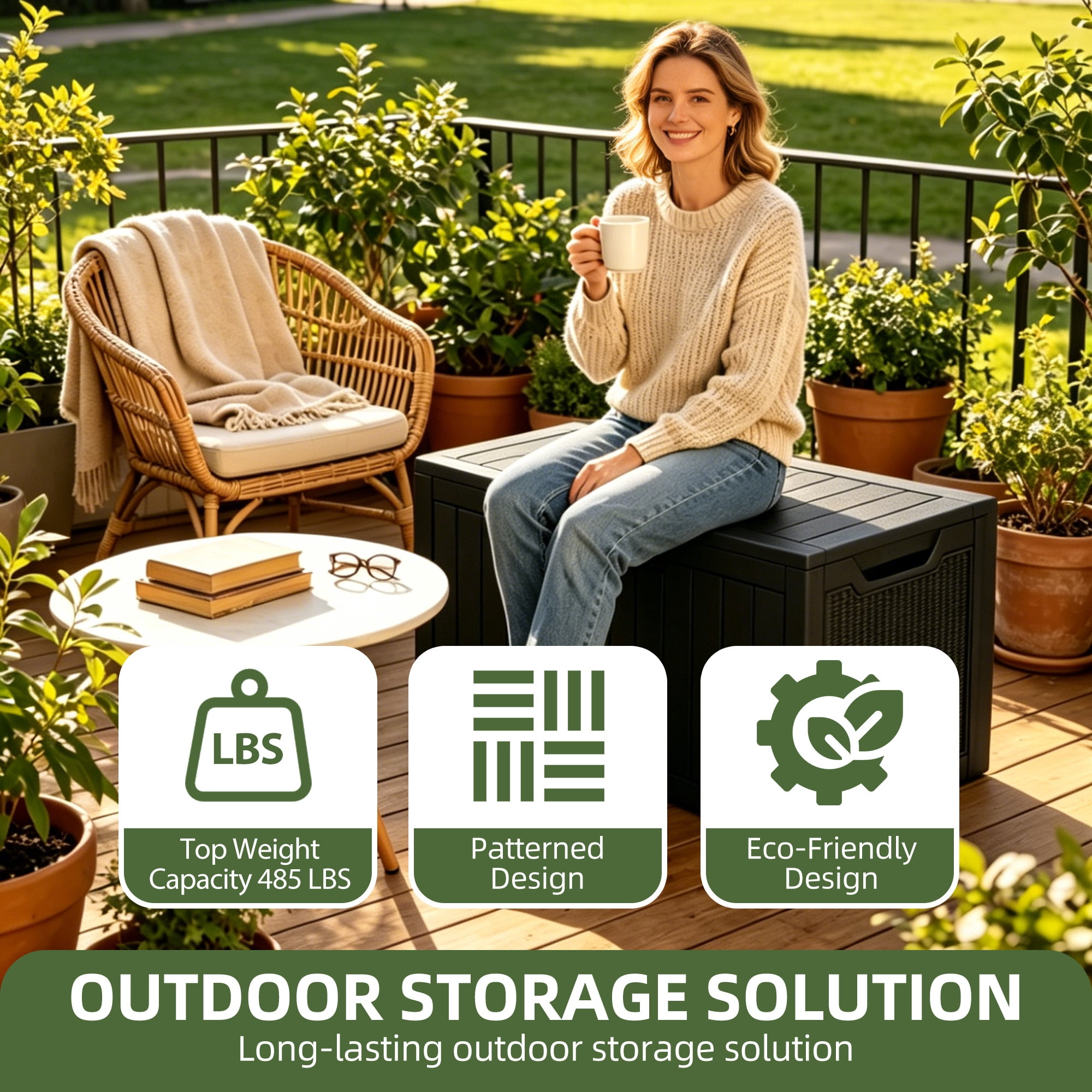 Uforic 100 Gallon Resin Deck Box, Waterproof Lockable Outdoor Storage Box for Patio Cushions Garden Tools Pool Supplies, Black