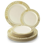 40 pc Plastic Dinnerware Set , 20 Dinner Plates and 20 Side Plates , Elegant Fine China Look (Venetian Collection - Gold/Ivory)
