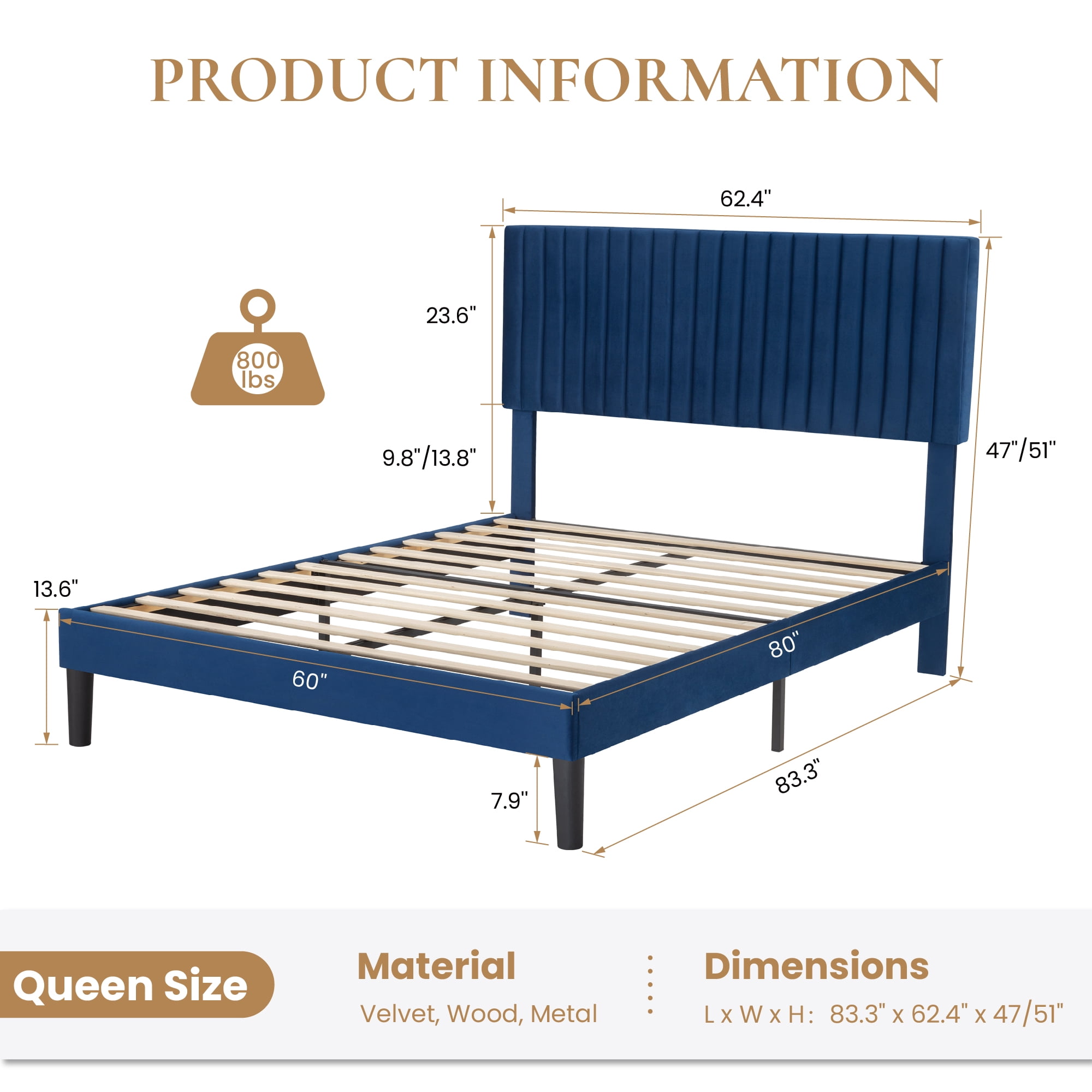 SHA CERLIN Blue Queen Size Upholstered Platform Bed Frame with Adjustable Channel Velvet Headboard