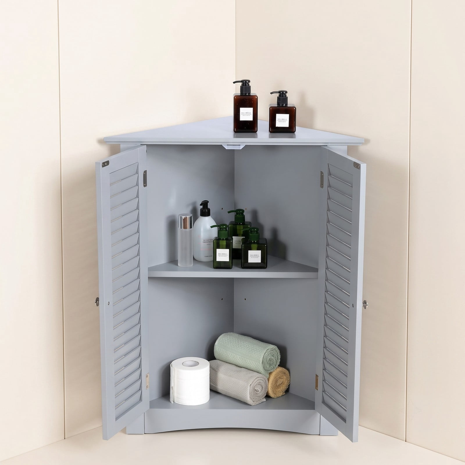 Fenbeli Bathroom Corner Storage Cabinet, Freestanding Floor Cabinet with Shutter Door and Adjustable Shelf, Anti-Tipping Space-Saving Wooden Organizer for, Gray