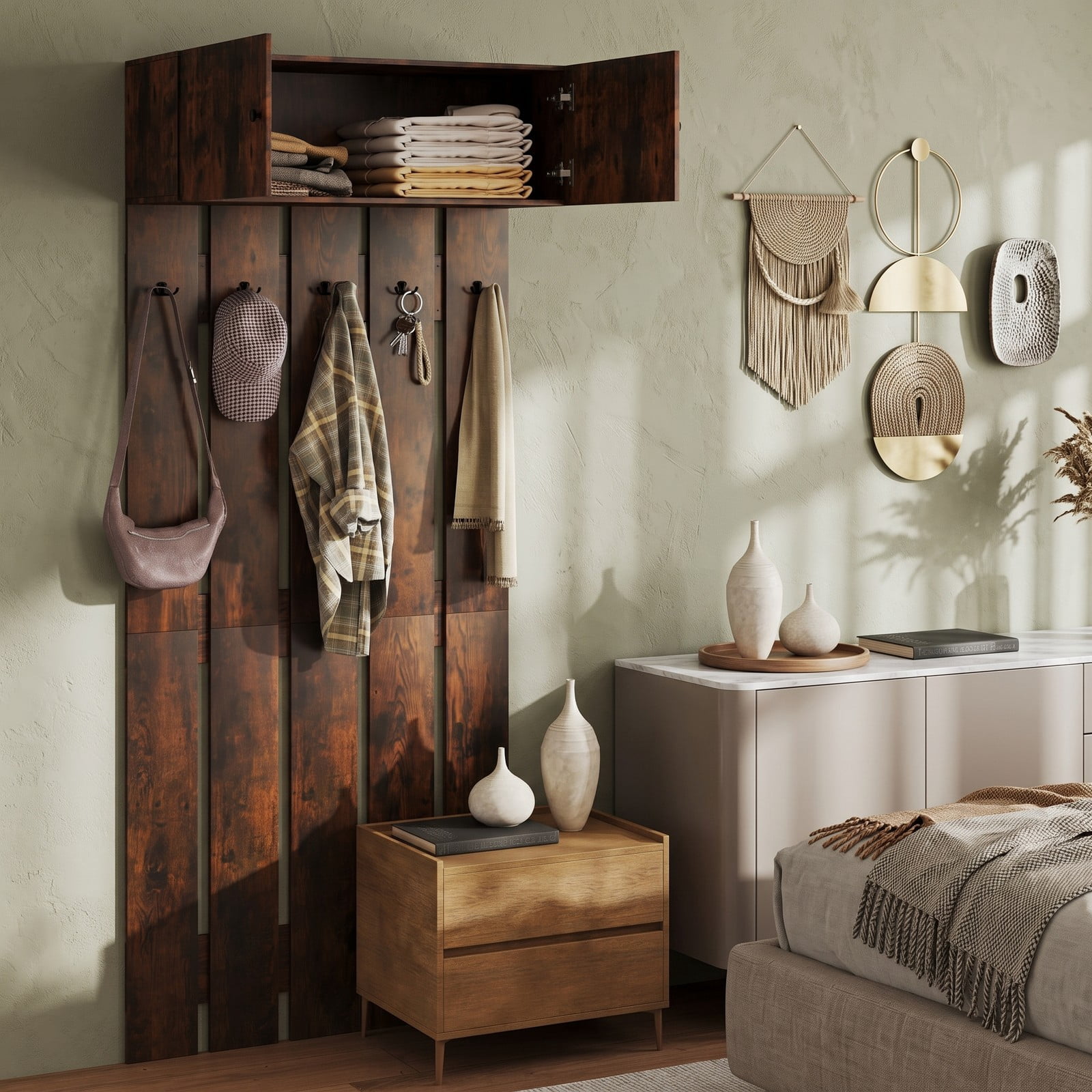 Furnibear Wall Mounted Coat Rack with Upper Storage Cabinet and 5 Metal Hooks for Entryway Kitchen and Living Room, Rustic Brown
