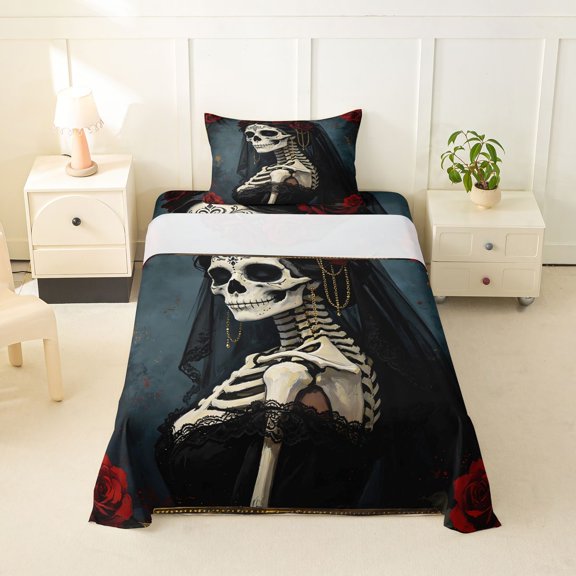Homewish Black Skeleton Bride Twin Sheets for Kids, Teal Vintage Romantic Rose Bedding, 3 Pieces, 1 Flat Sheet, 1 Fitted Sheet and 1 Pillowcase