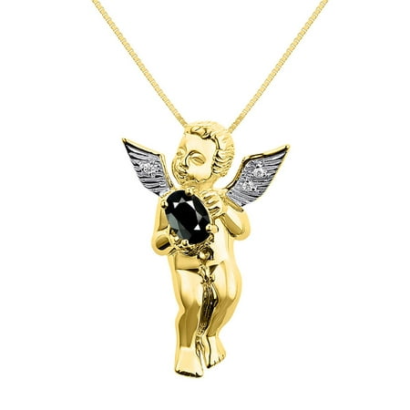 Guardian Angel Cherub Diamond & Onyx Lucky Guardian Angel Cherub Pendant Necklace Set In Yellow Gold Plated Silver .925 with 18