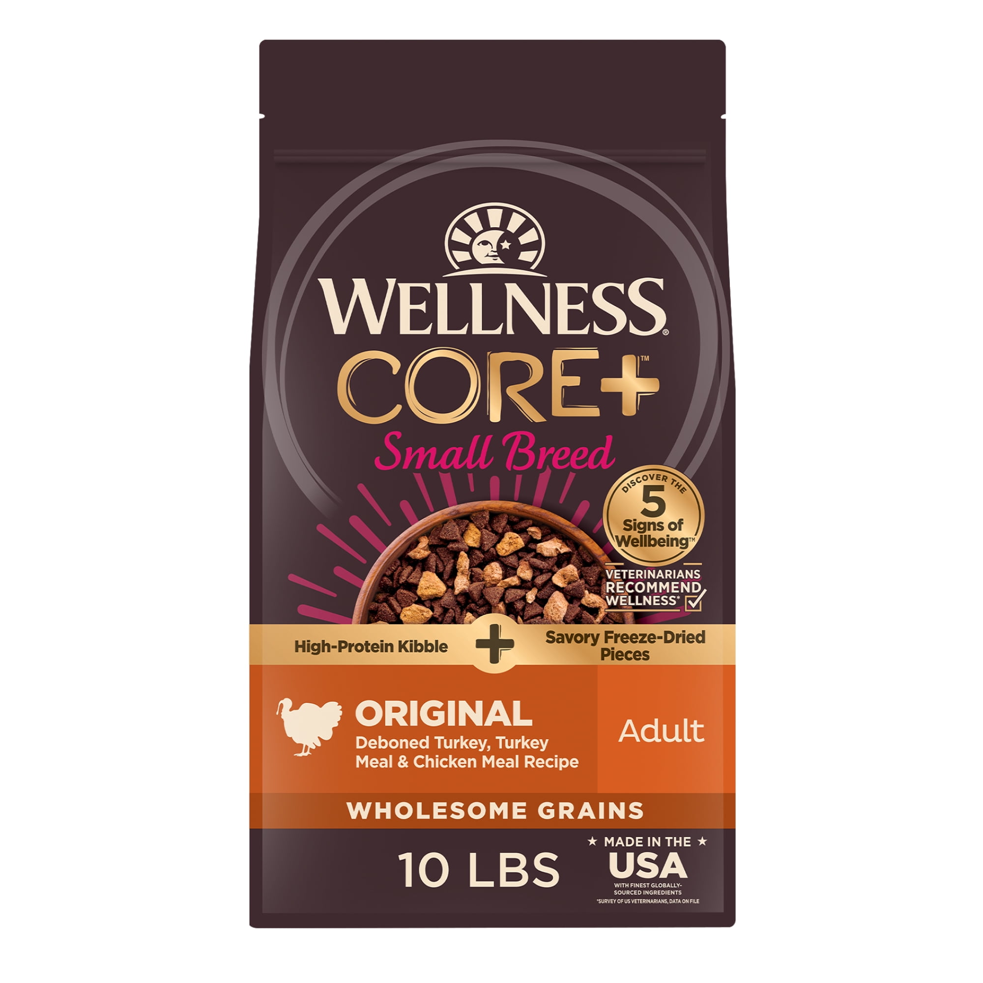 Wellness CORE+ Dry Dog Food with Freeze Dried Pieces, Small Breed, Wholesome Grains, High Protein, Natural, Original Turkey & Chicken Recipe, (10-Pound Bag)