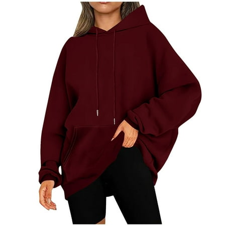 Cotton Oversized Hoodies Loose Pullover Long Sleeve Hooded Sweatshirt Autumn Winter Thermal Fleece Tops Womens Baggy Hoodie with Pockets S-5XL #13 Wine XXXXL
