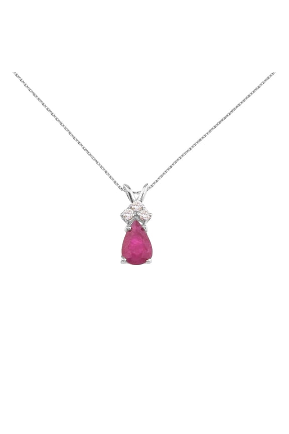 14K White Gold Pear Shaped Ruby and .05 ct Diamond Pendant and 18" Chain