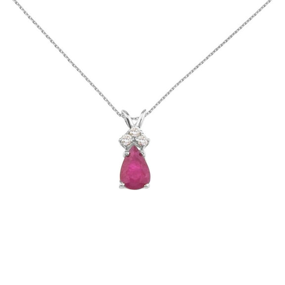 14K White Gold Pear Shaped Ruby and .05 ct Diamond Pendant and 18" Chain