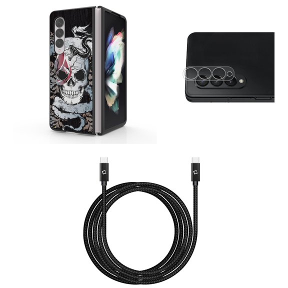 Accessory Bundle for Galaxy Z Fold 4: Slim Snap-On Case (Red Snake and Skull), Rear Camera Glass Protector, Nylon Braided USB-C to USB-C Cable (4 Feet)