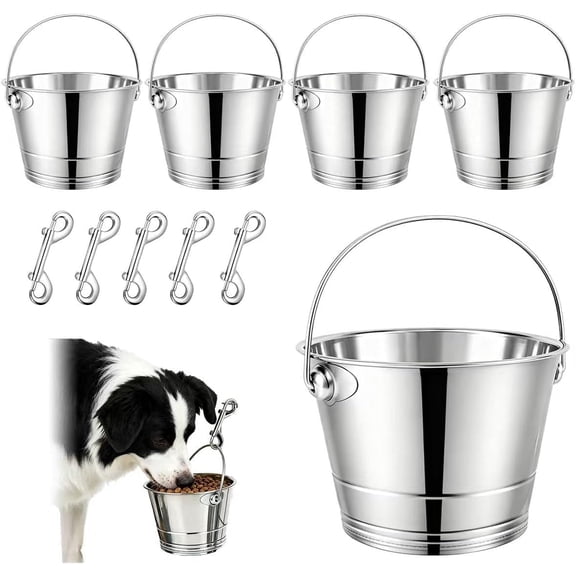MXOYOXM 5 Pcs 1 Quart Stainless Steel Hanging Dog Bowls, Metal Bucket with Handle, Pet Food Water Bowl for Dog Kennel, Cat Cage