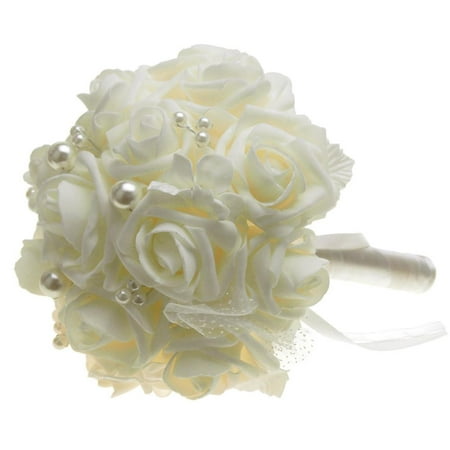 Soft Touch Rose Flower Wedding Bouquet with Pearls, 9-Inch,