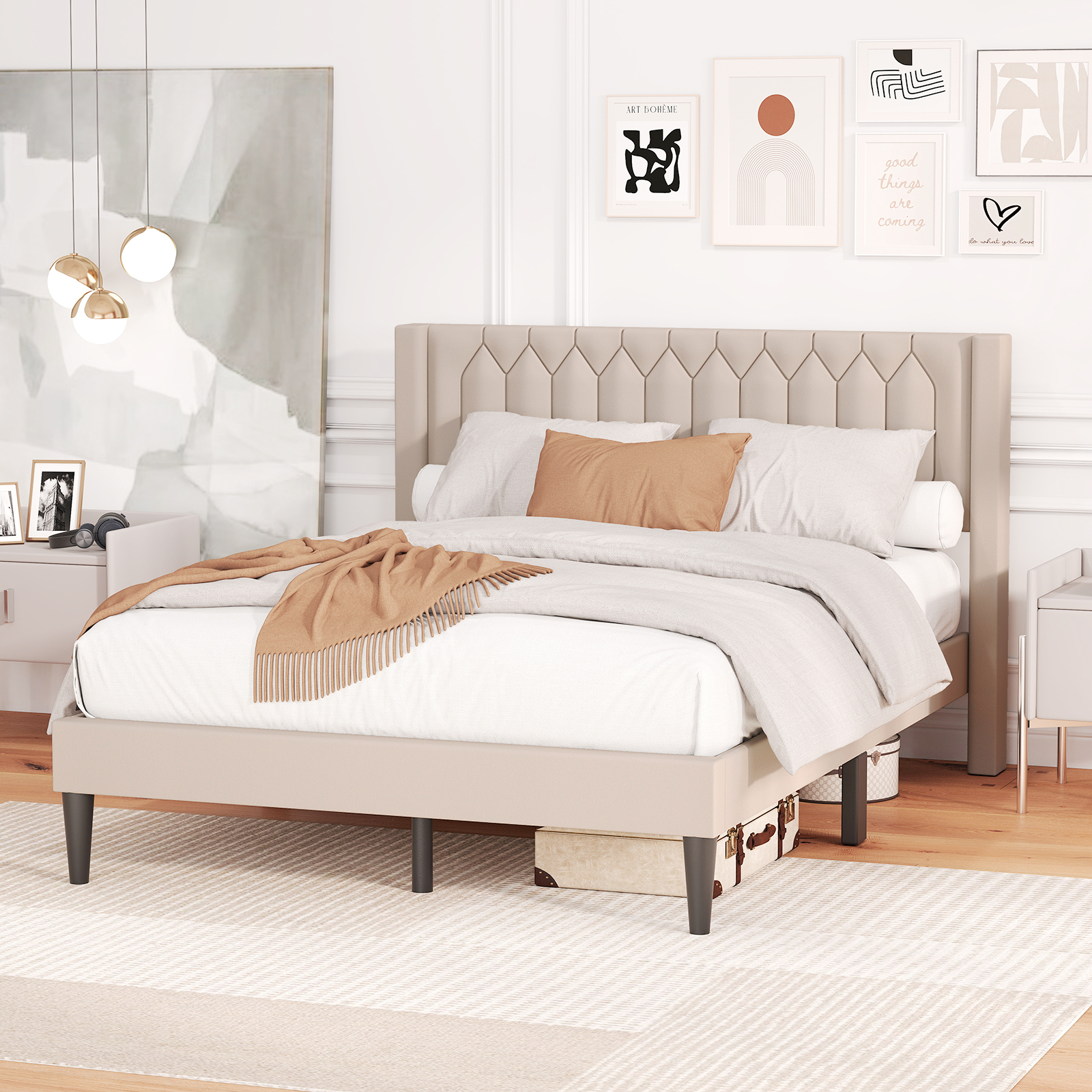 Gymax Queen Size Bed Frame Dutch Velvet Upholstered Platform Bed w/Wingback Headboard Beige