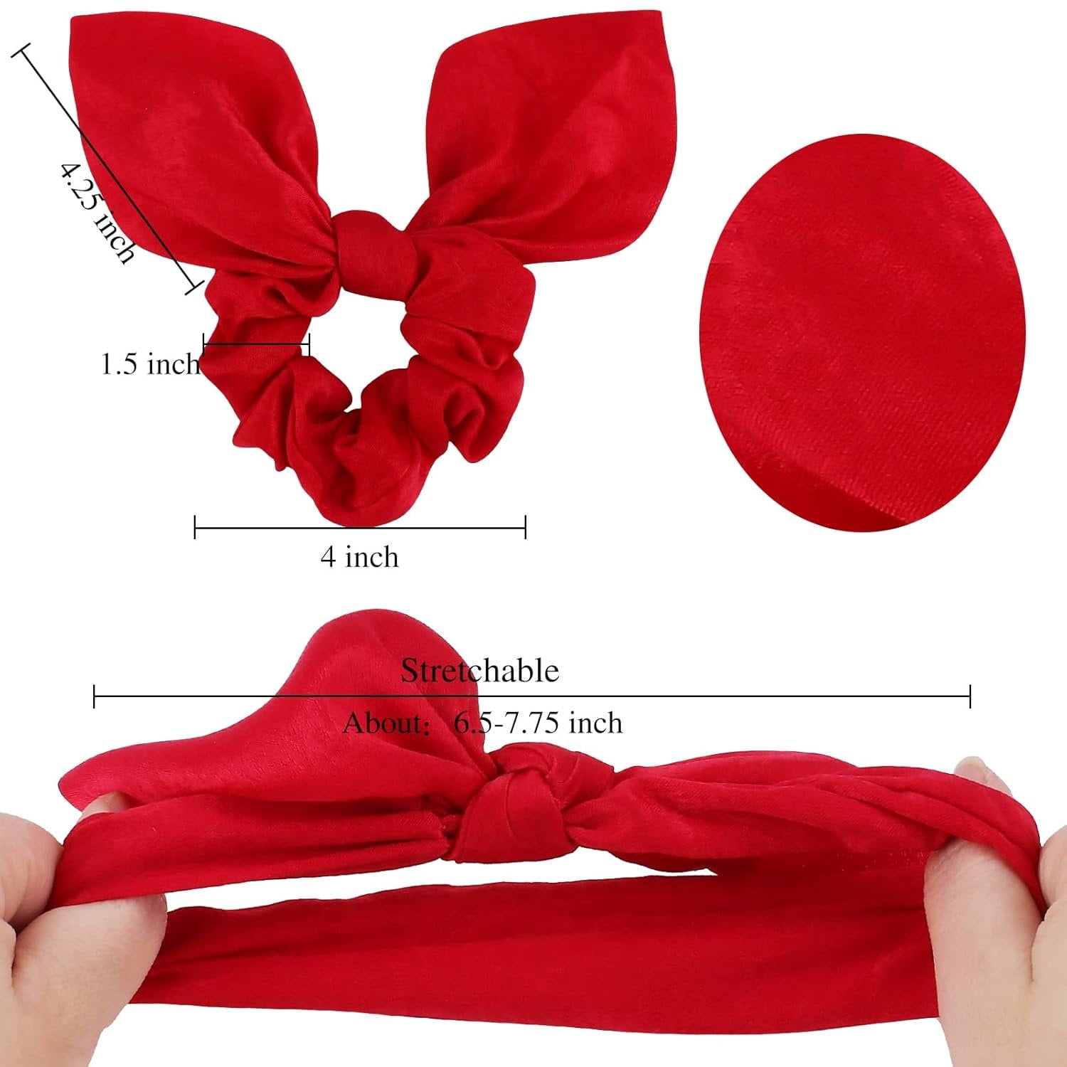 12 Pack Satin Scrunchies with Tails - Bow Hair Accessories for Thick Hair, Red Bunny Ear Hair Ties for Girls