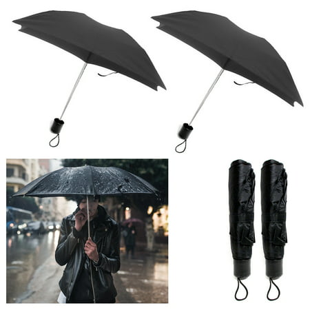 2 X Folding Umbrella Mini Portable Compact Emergency Weather Travel Black