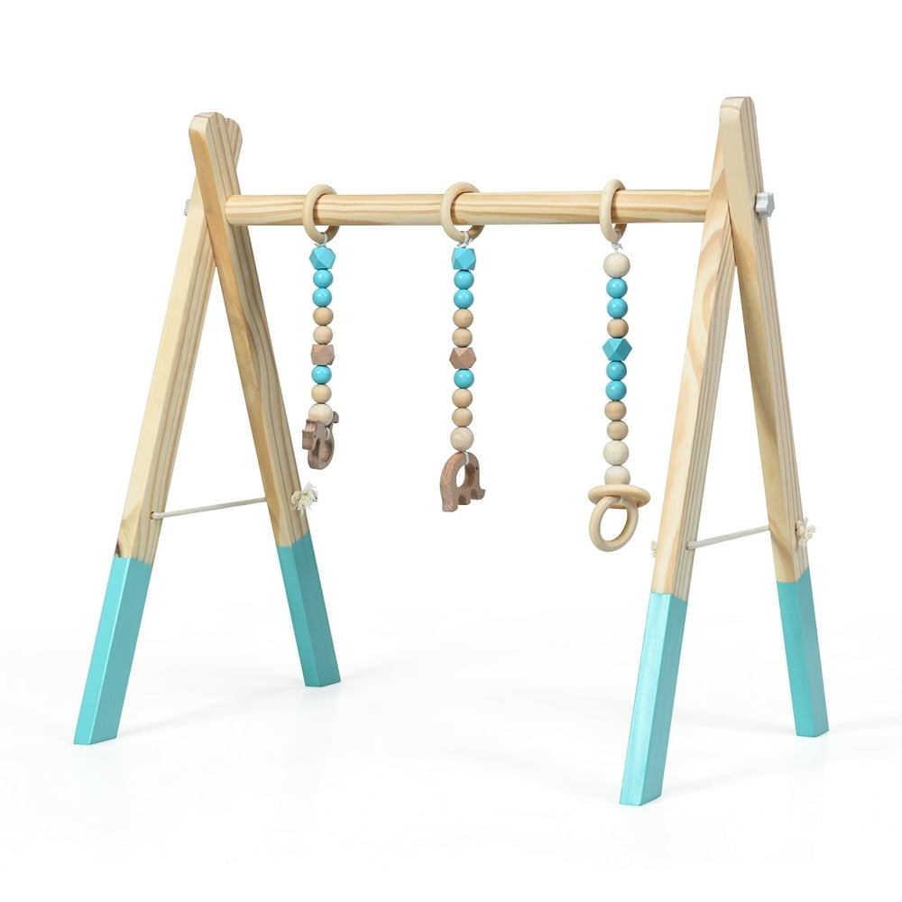Foldable Wooden Baby Gym with 3 Wooden Baby Teething Toys Hanging Bar