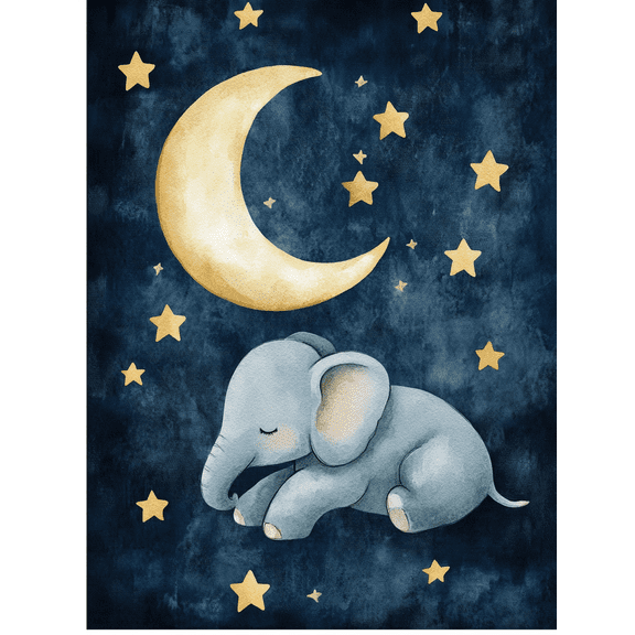 Qisvanset Cute Sleeping Elephant Moon and Stars Canvas Wall Art, 15.75x11.81 Inches for Bedroom Nursery Living Room Kids Room Hallway