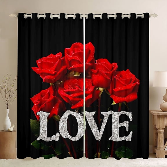 Castle Fairy Romantic Rose Black Out Curtains,Black Red Curtains Pack of 2 (42x63 Each)