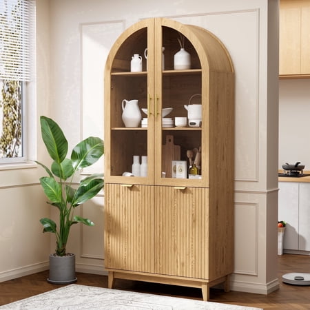 PamapicLife 71" Tall Arched Bookshelf, Farmhouse Display Cabinet with Adjustable Shelves & Glass Door