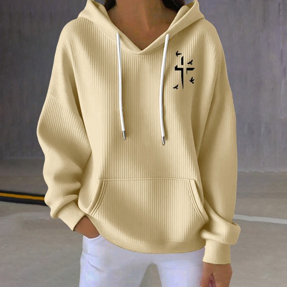 Women's Solid Color Ribbed Hooded Sweatshirt, Thick Pullover with Adjustable Drawstring and Pockets, Soft Cotton Blend Casual Streetwear for Spring, Autumn and Daily Wear Beige L
