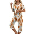 thumbnail image 4 of Womens Pajamas Set Short Sleeve V/Crew Neck Top with Capri Pants with Pockets Casual Sleepwear Pjs Loungewear Sets S-XXL, 4 of 7