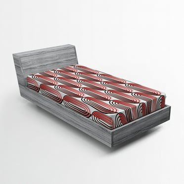 Ambesonne Modern Art Fitted Sheet, Abstract Ellipse Curves, Twin Size, Vermilion White