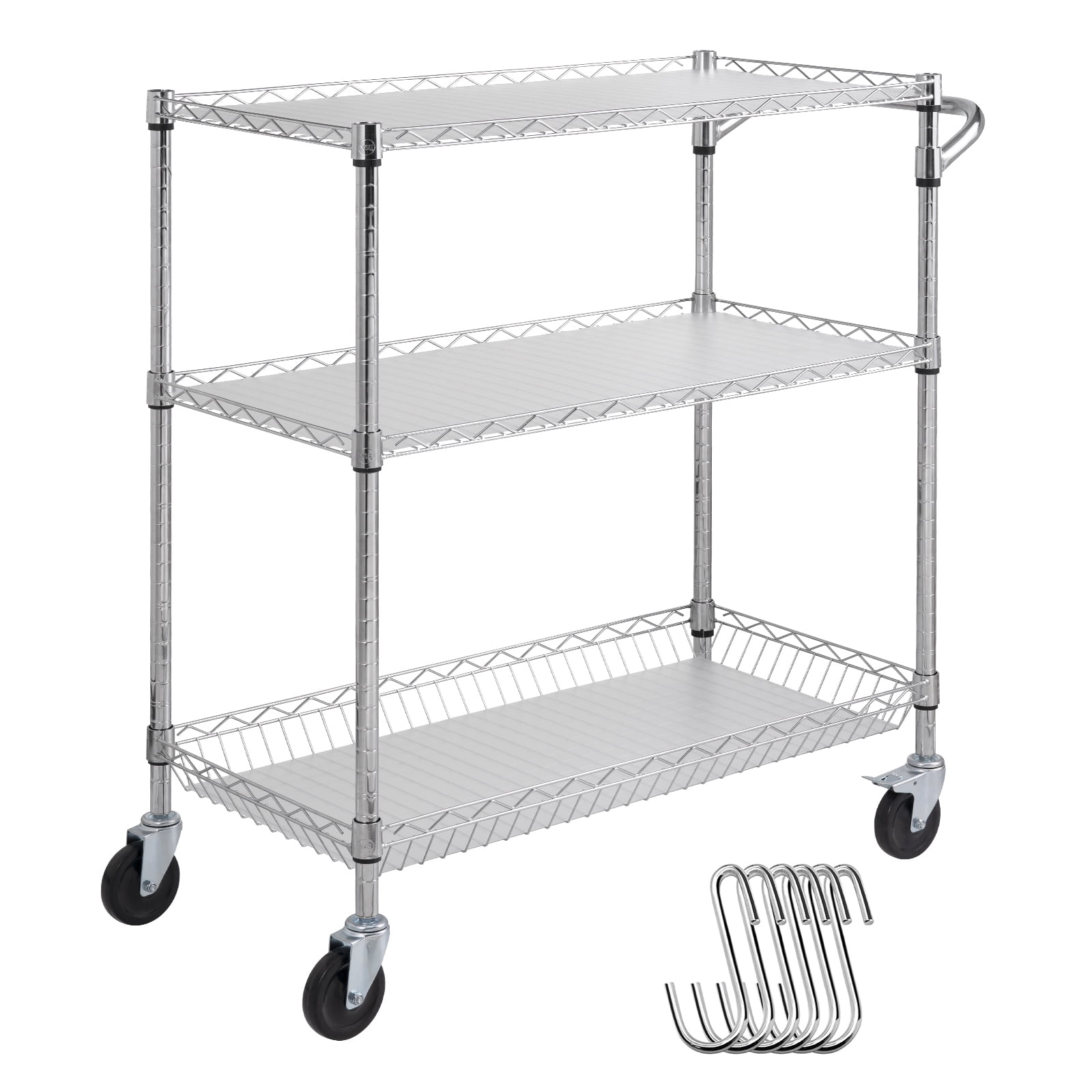 KFFKFF 3-Tier Utility Cart Rolling Cart on Wheels 661 lbs 35"x18"x35.5"6 Hooks