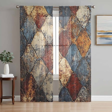 Brown Gray Plaid Semi Sheer Curtains 84 Inch Length 2 Panels Set Country Abstract Gradient Chic Check Sheer Kitchen Curtain Privacy Voile Window Curtain for Living Room Bedroom Rod Pocket Drapes