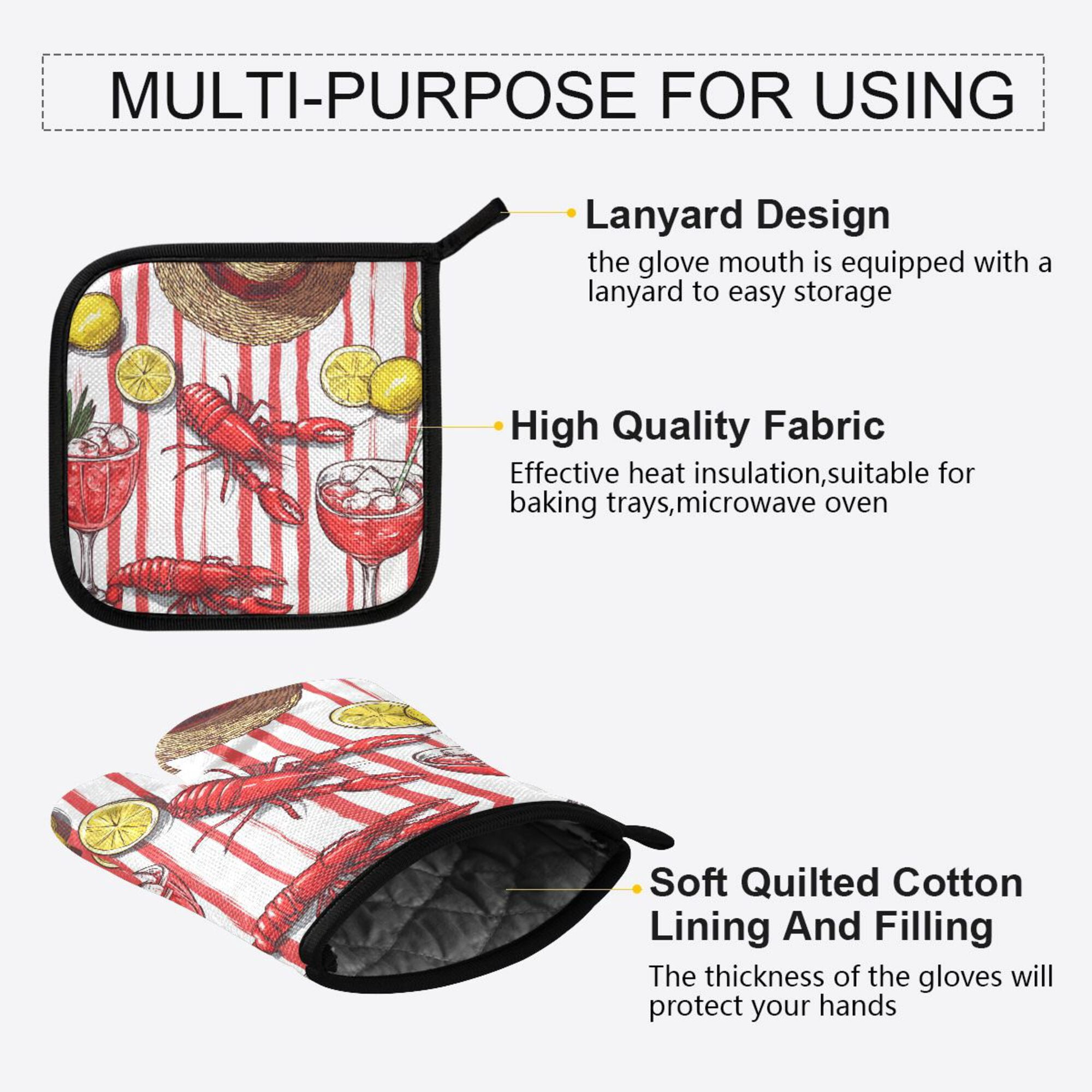 Yayeee Oven Mitts and Pot Holder Set of 4 Heat Resistant Kitchen Gloves Baking Hot Pad, Red Lobster
