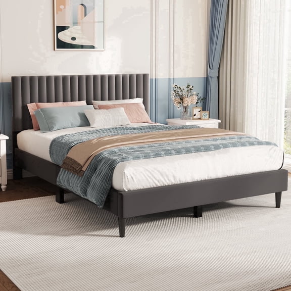 Sofanext Queen Platform Bed Frame with Velvet Upholstered Headboard, Wood Slat Support, No Box Spring, Noise-Free, Smoky Grey