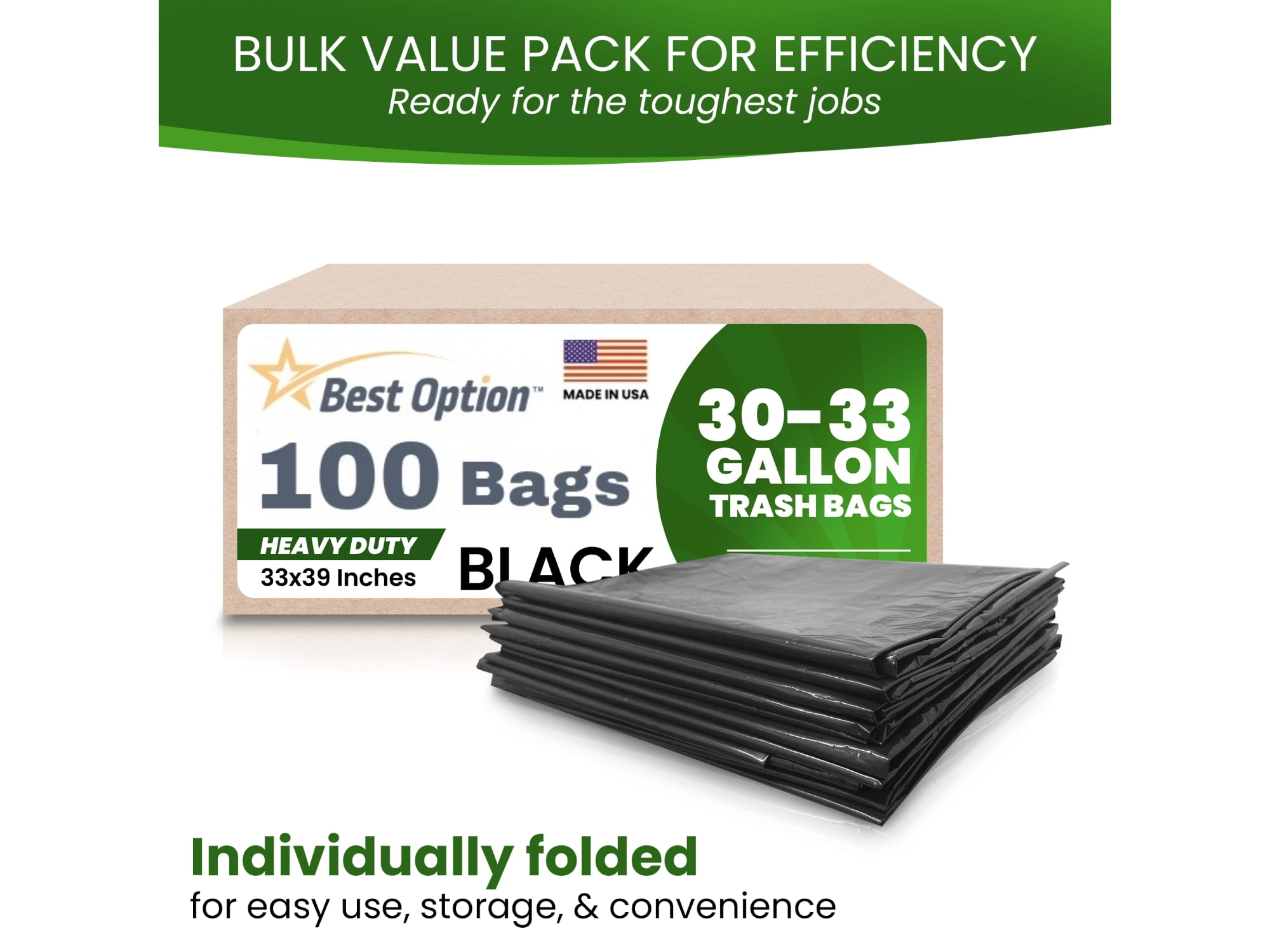 Best Option 30-33 Gallon Black Trash Bags, 100 Count Box, (33x39-inch) Commercial Heavy-Duty Garbage Bag and Can Liners