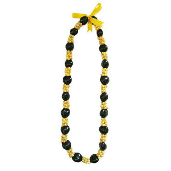 KC Hawaii 28 Inch Black Kukui Nut Lei with Yellow Mongo Shells