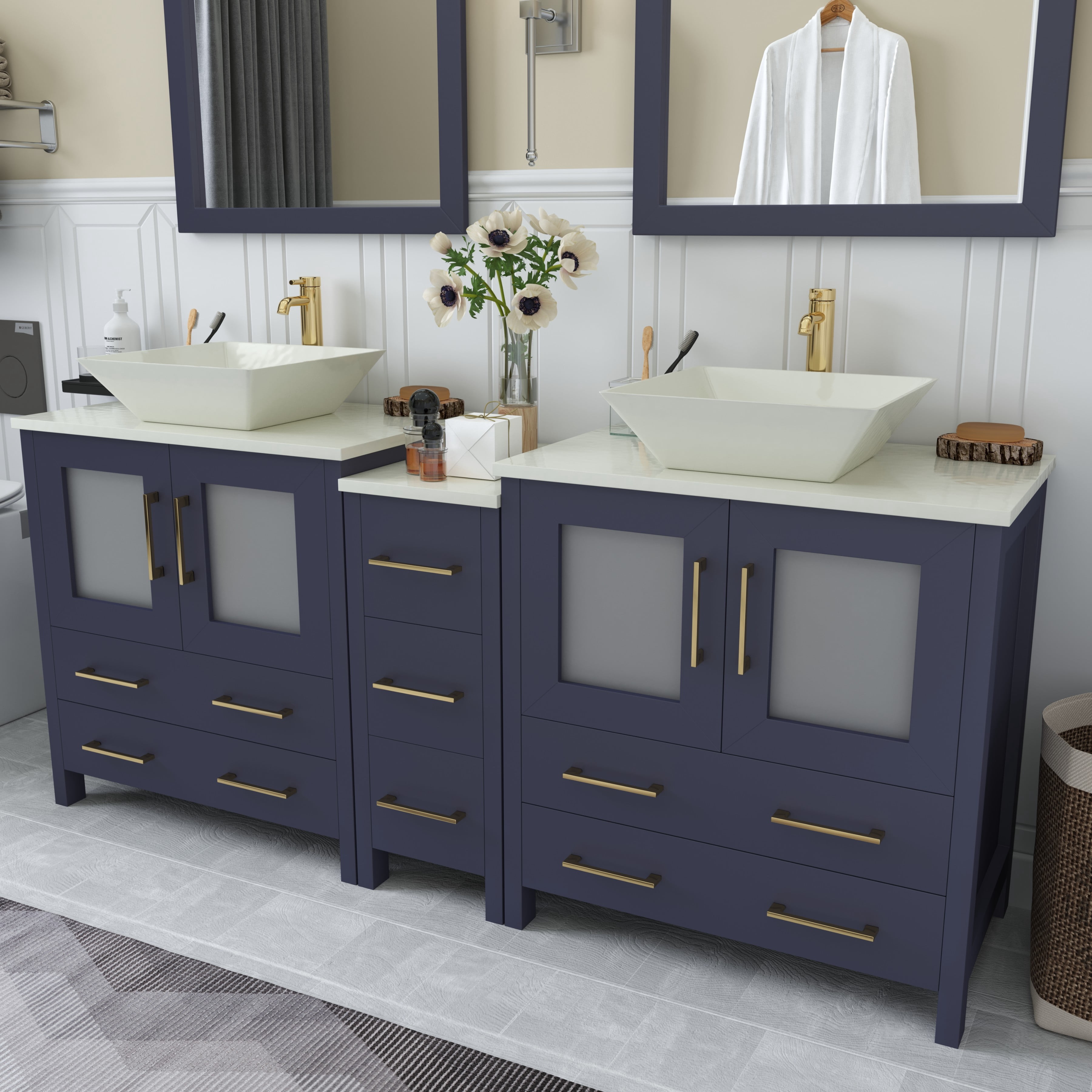 Vanity Art 72" Double Sink Bathroom Vanity Set with Engineered Marble Top and Free Mirrors