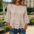 thumbnail image 7 of Lenpel Womens Cotton Linen Tops Fall 3/4 Length Sleeve Crew Neck Peplum Blouses Casual Fashion Hollow out Shirts, 7 of 7