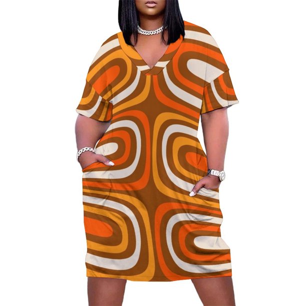Vestido holgado con bolsillos en marrón claro y naranja de los años 70 con estampado vertical abstracto de Confaab moderno de mediados de siglo. Ropa de mujer.