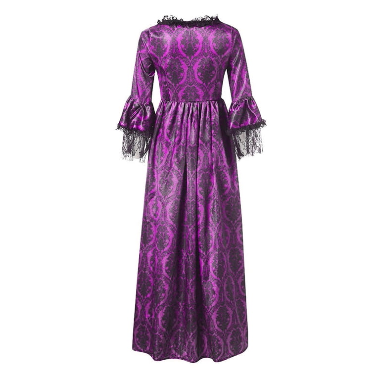 purple renaissance dress plus size Ashirexll Medieval Vintage Gothic Court Dresses Patchwork Vintage Dresses  Long Sleeve High Neck Dresses Plus Size Renaissance Dress Purple S