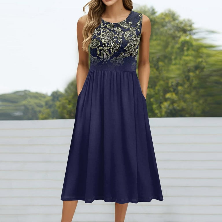 Women's Pullover Sleeveless Midi Dress Retro Print Round Neck Casual Dress  with Kangaroo Pockets and Raw Hem for Errand Runs,Dark Blue M - Walmart.com
