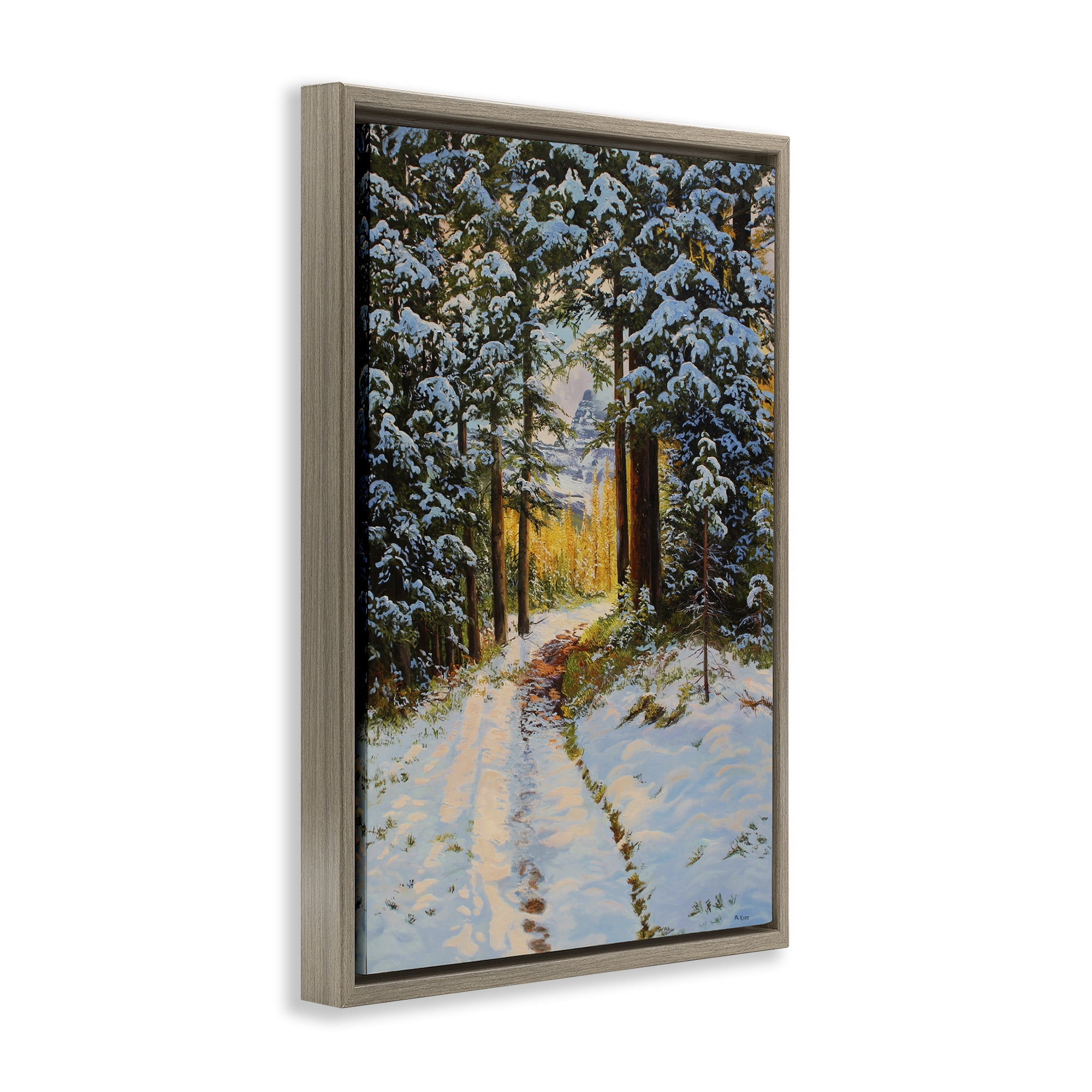 Stupell Industries Snowy Forest Trail Landscape & Nature Painting Brown Floater Framed Canvas Art Print Wall Art, 17 x 25