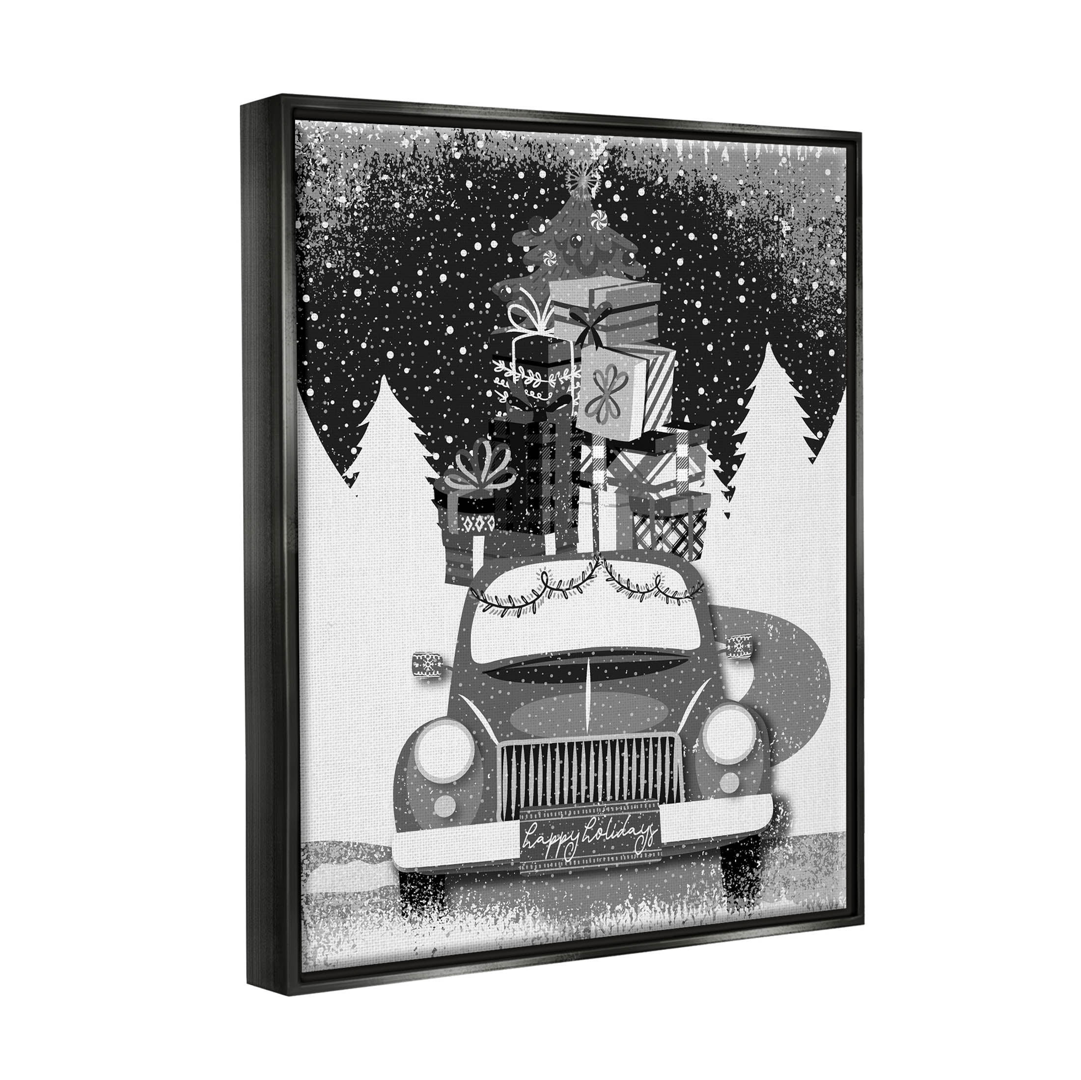 Stupell Industries Happy Holidays Gifts Car Graphic Art Jet Black Floating Framed Canvas Print Wall Art, Design by Andrea Jasid Grassi