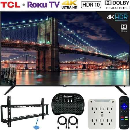 TCL 65R617 65-inch Class 6-Series 4K HDR Roku Smart TV Bundle with 37-70-inch Low Profile Wall Mount Kit, Deco Gear Wireless Keyboard and 6-Outlet Surge Adapter with Night Light