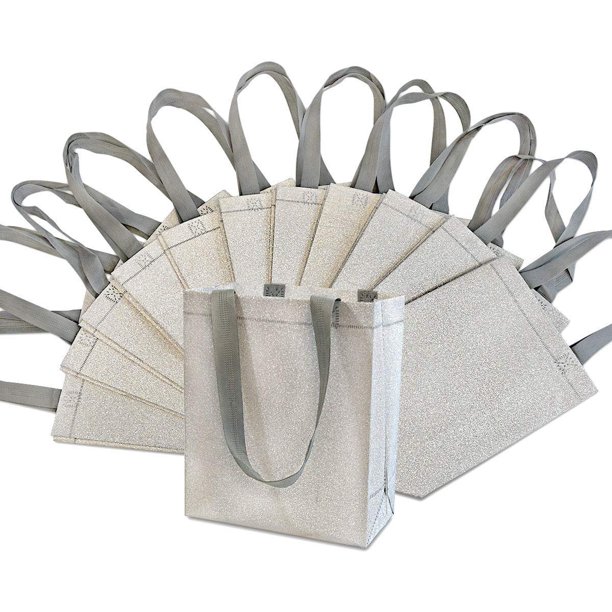 8x4x10" 12 Pcs. MediumSmall Metallic Silver Reusable Glitter Gift Bags