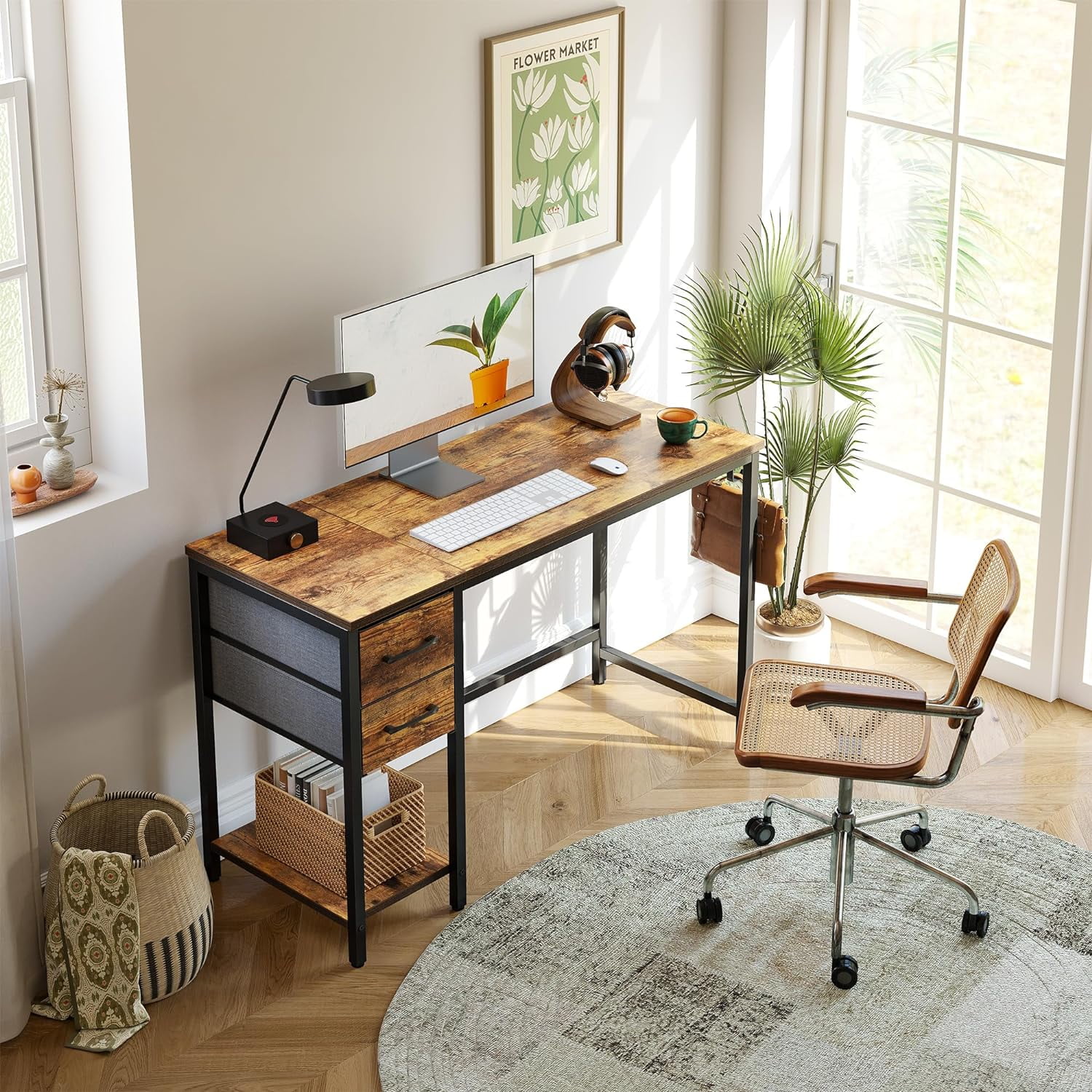 DESINO Computer Desk with Drawers, 47 Inch Study Writing Table, Modern Simple Style PC Desk for Bedroom, Gaming, Rustic Brown