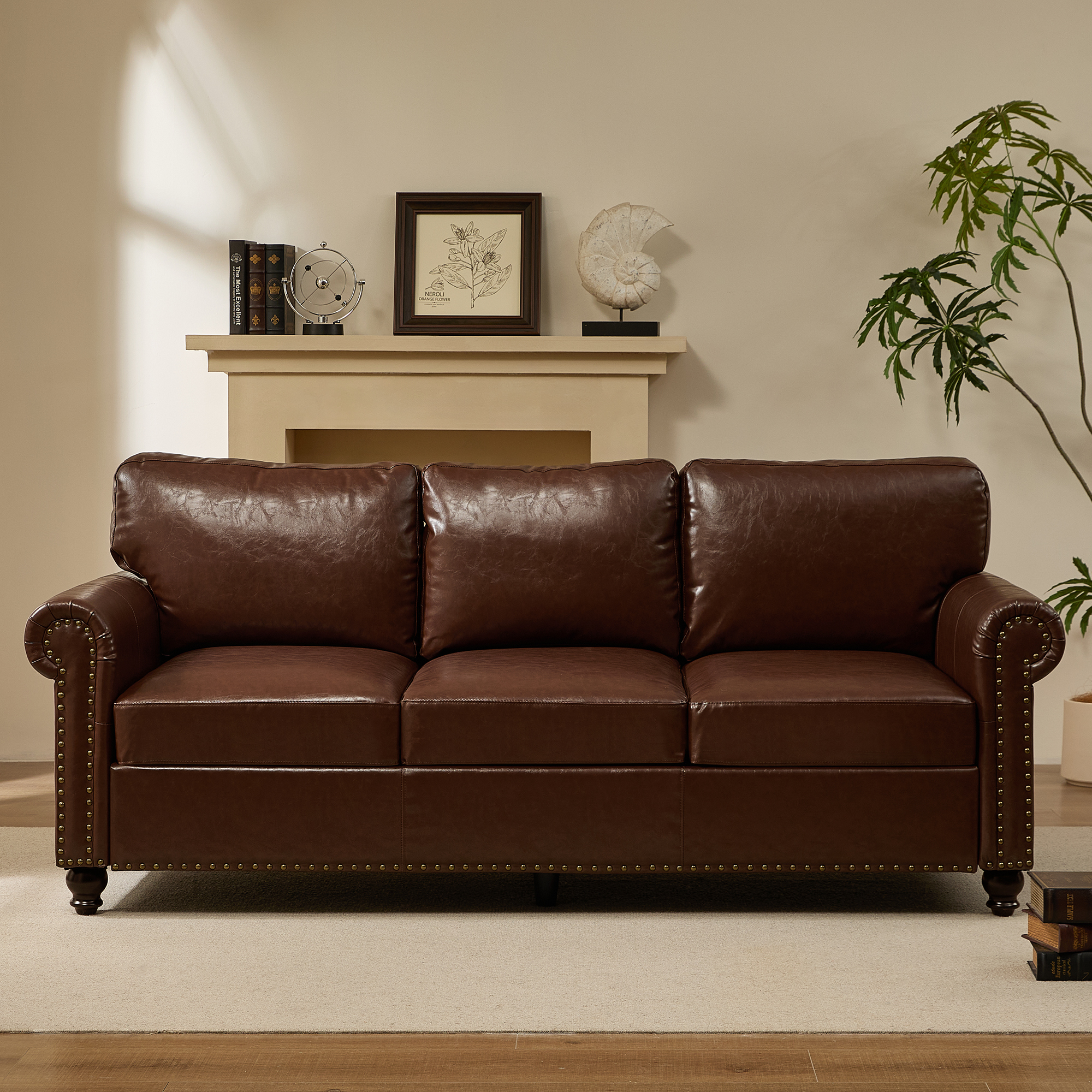 Me'on 80'' Faux Leather Sofa with Storage Seats, Classic 3-Seater Couch with Nailhead Trim, Easy Assembly, Dark Brown