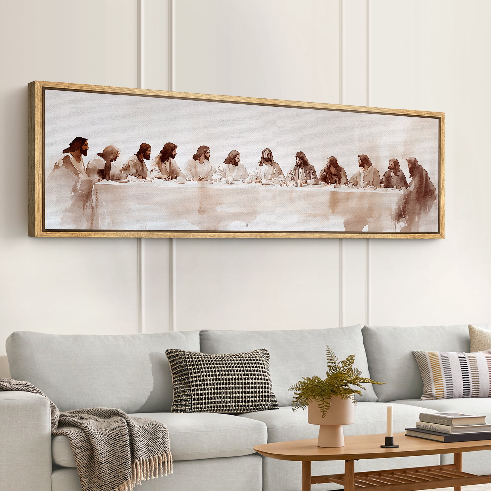 Large Framed Canvas Print Watercolor Last Supper Framed Canvas - Minimalist Religious Artwork Wall Art Decorative Ready to Hang Painting for Living room Bedroom - 60"x20" Natural Frame
