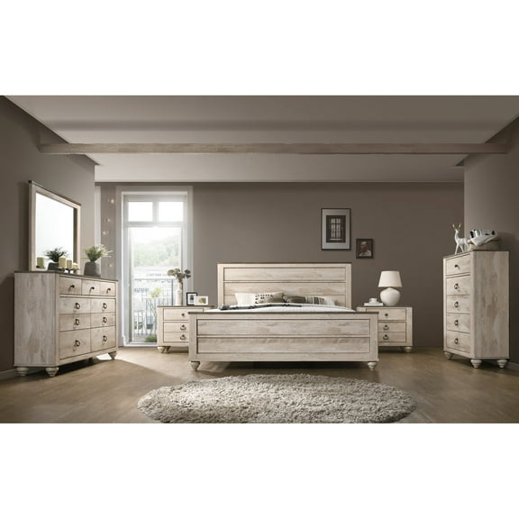 Bedroom 6 - Queen. Solid Wood. Includes Bed, Dresser, Mirror, 2 Nightstands, Chest. White Wash Finish Contemporary . Queen Wood, Finish, Antique Walnut Details